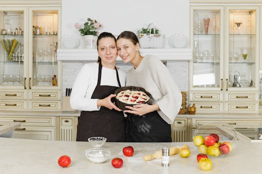 A loving mother and daughter duo bake apple pie together in their cozy kitchen, fostering family bonds.